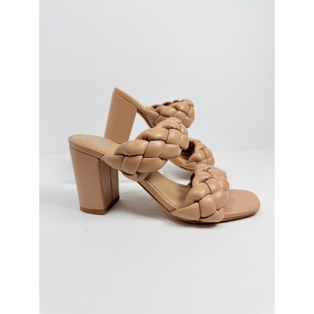 Madden NYC Women Tan Braided‎ Double Strap Block Heel Sandals Size 6 Square Toe